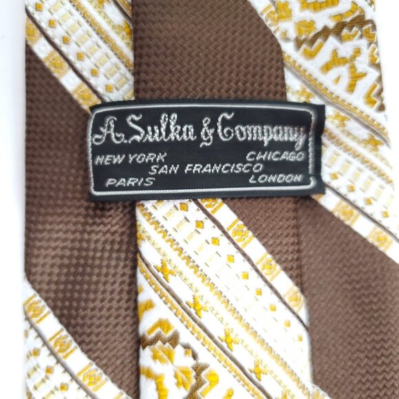 Vintage 50s Striped Geometric Tie Necktie Brown Yellow Textured A. Sulka & Co - Picture 4 of 5